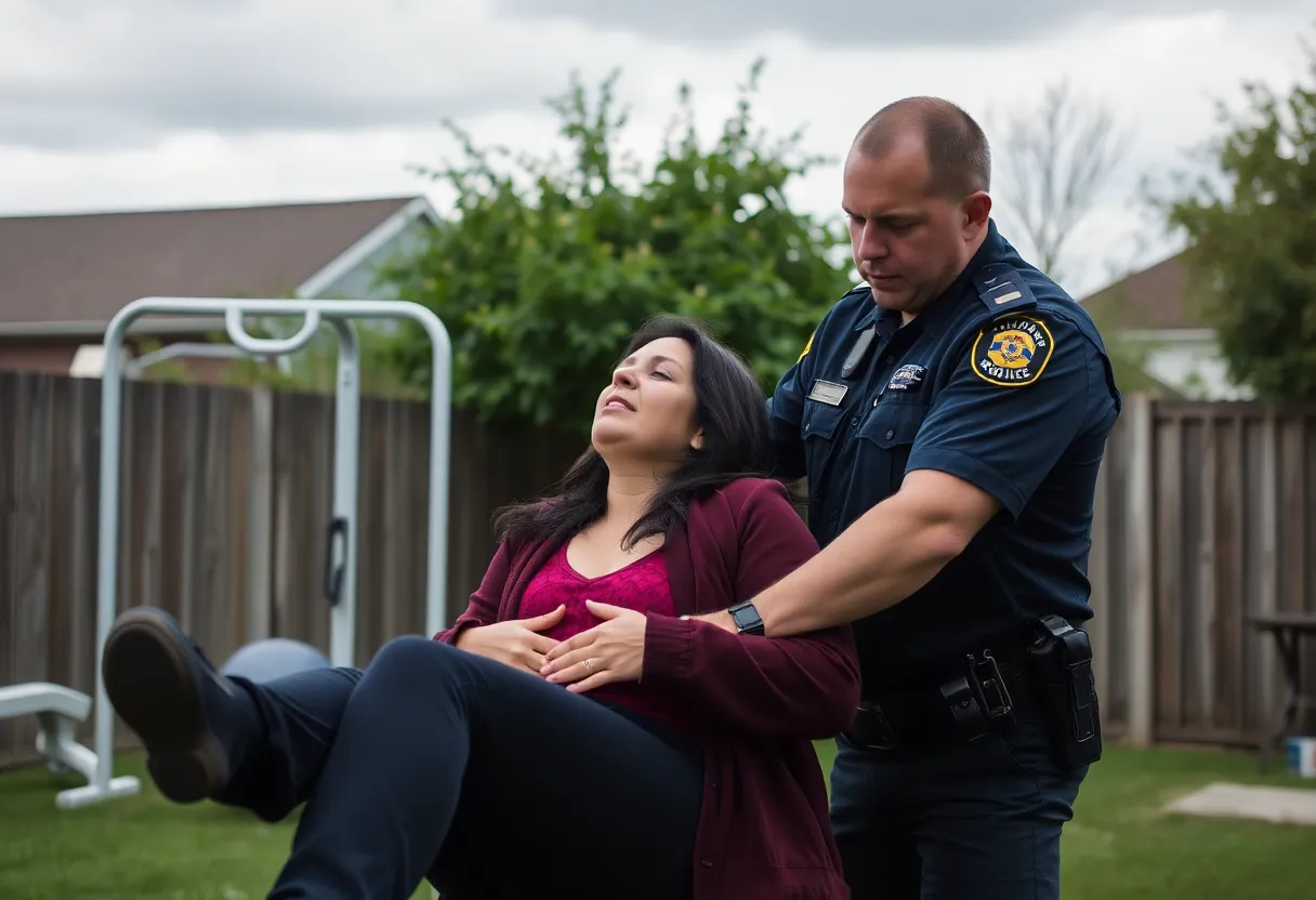 Police officer rescuing a woman in distress in Austin backyard