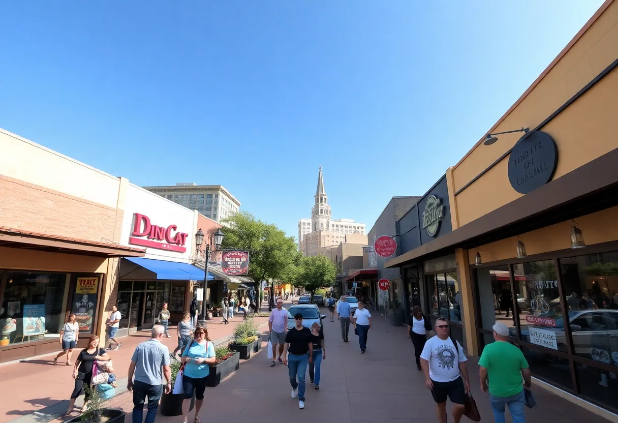 A vibrant retail district in Austin, Texas, filled with shoppers and diverse shops.