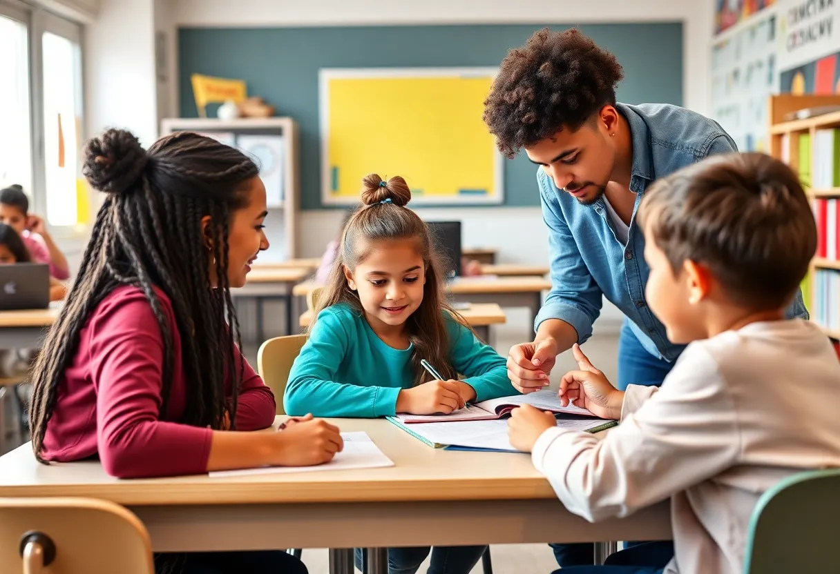 Students and teachers collaborating in a classroom setting