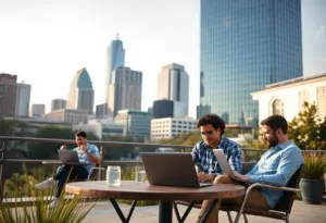 Vibrant Austin cityscape with self-employed individuals at work.