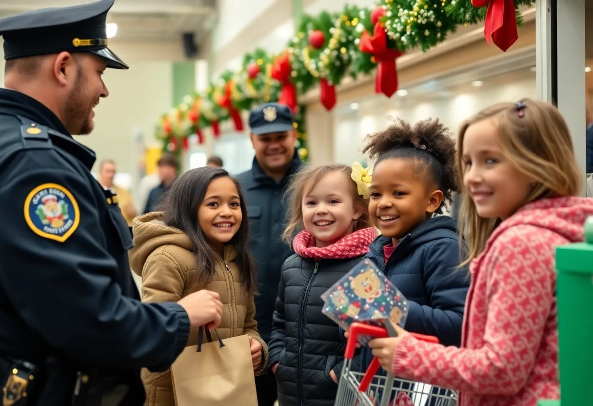 Children enjoying a holiday shopping experience with police officers in Austin.