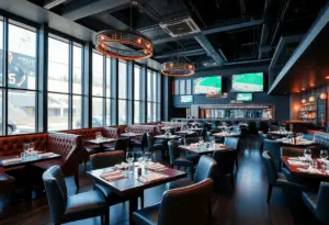 Interior of the Austin Sports Club showcasing upscale dining with sports theme