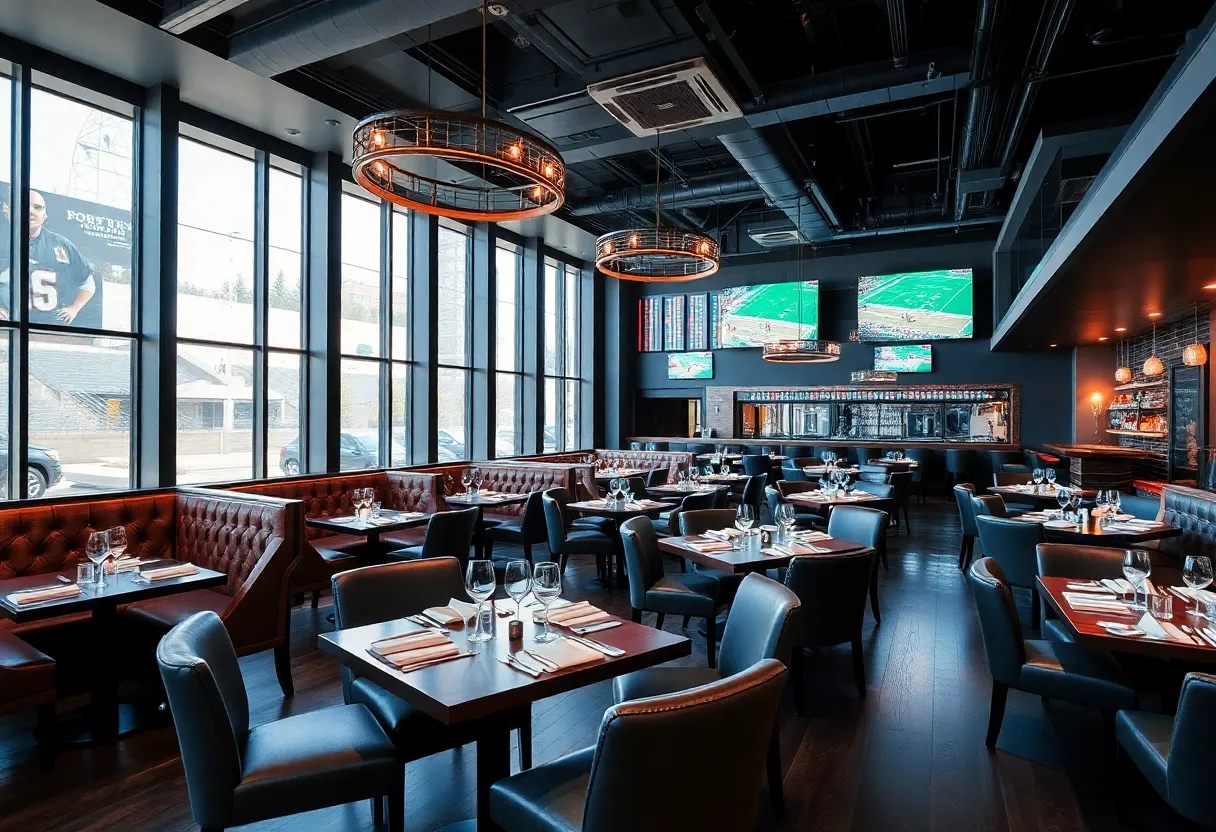 Interior of the Austin Sports Club showcasing upscale dining with sports theme