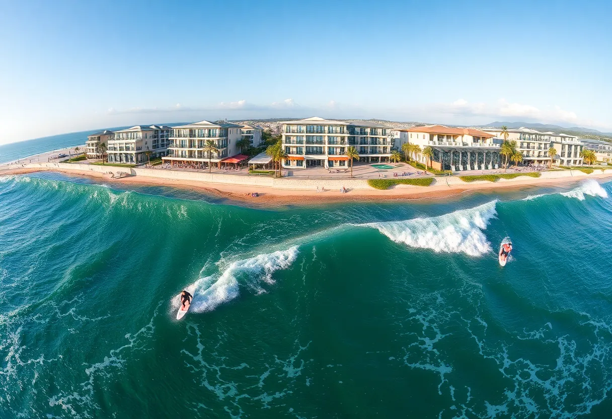 Aerial view of the Austin Surf Club featuring surfers and luxury amenities.