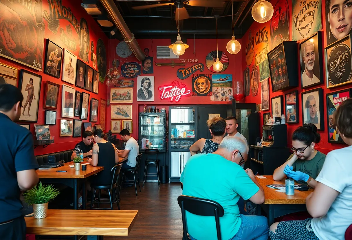 Artists working in a tattoo shop in Austin after reopening.