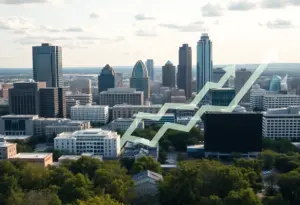 Austin Texas skyline with financial growth symbols