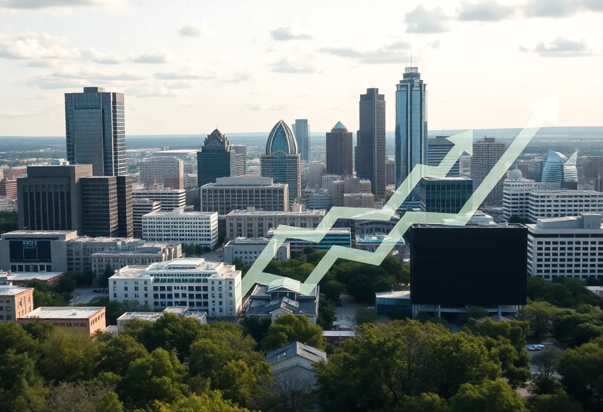Austin Texas skyline with financial growth symbols