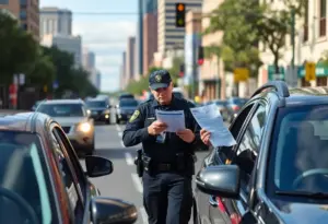 Police officer issuing traffic citation to driver without insurance