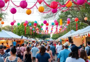 Festival atmosphere in Austin with colorful decorations and people enjoying activities