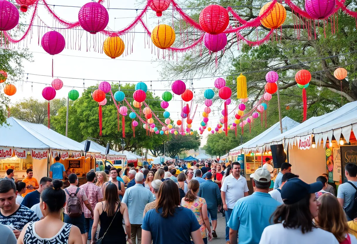 Festival atmosphere in Austin with colorful decorations and people enjoying activities