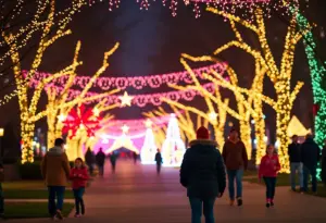 Colorful light displays at Zilker Park during the Austin Trail of Lights event