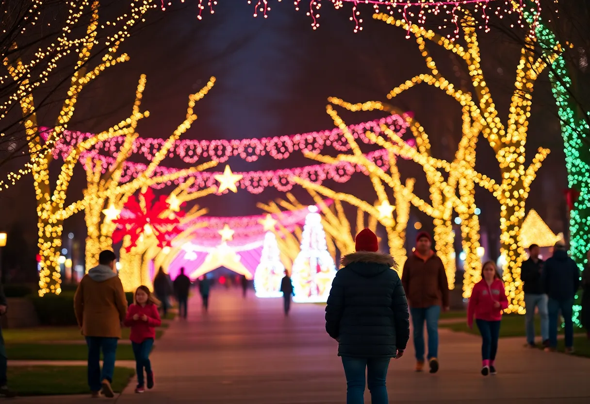 Colorful light displays at Zilker Park during the Austin Trail of Lights event