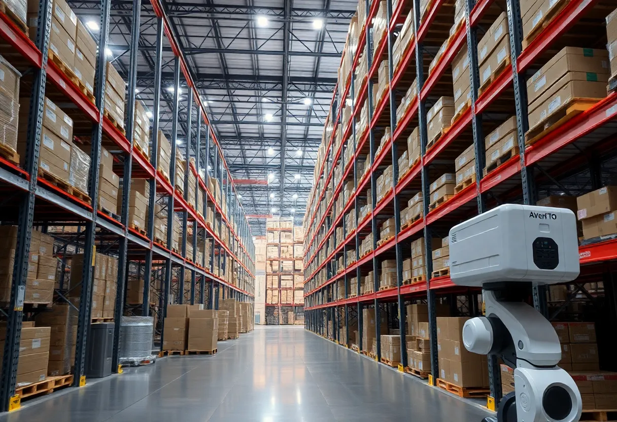 An automated storage and retrieval system in a modern warehouse handling inventory.