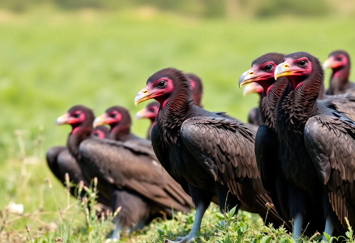 Wild birds, including black vultures, in a natural environment affected by avian influenza.