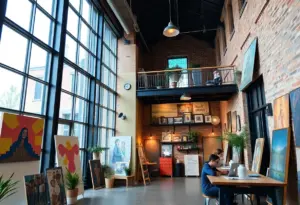 A view of the Baker Center, a transformed historic school into a creative hub in Austin.