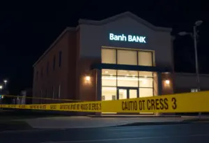 Police lights at a bank robbery scene