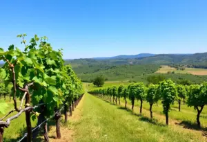 Scenic view of Becker Vineyards with grapevines and hills in Texas