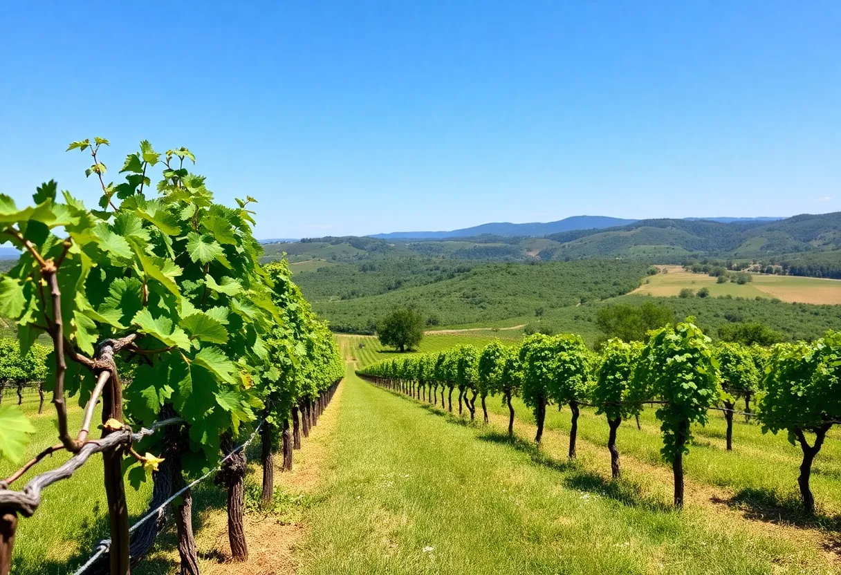 Scenic view of Becker Vineyards with grapevines and hills in Texas