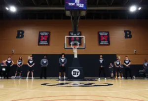 Basketball court with Big Ten teams' logos in the AP Top 25 rankings