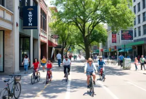 Cyclists using dedicated bike lanes on Sixth Street in Austin, Texas.