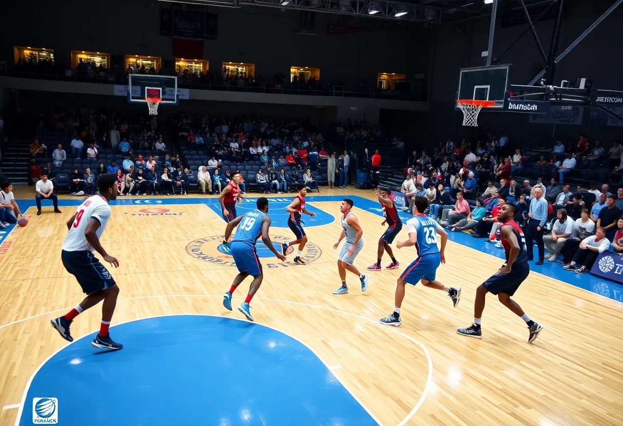 Basketball players in action on the court during a game.