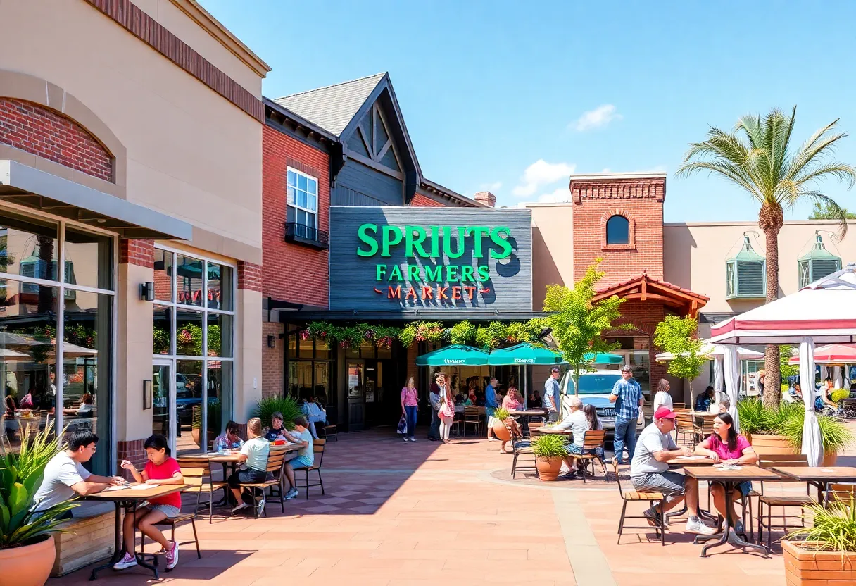 Vibrant retail center in Kyle with families dining outdoors