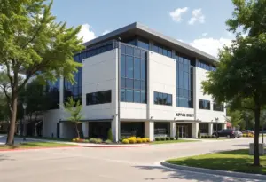 Exterior view of the new defense technology headquarters in Buda, Texas, showcasing modern architecture.