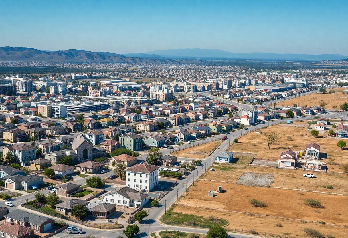 An urban view of California highlighting housing developments and empty plots.