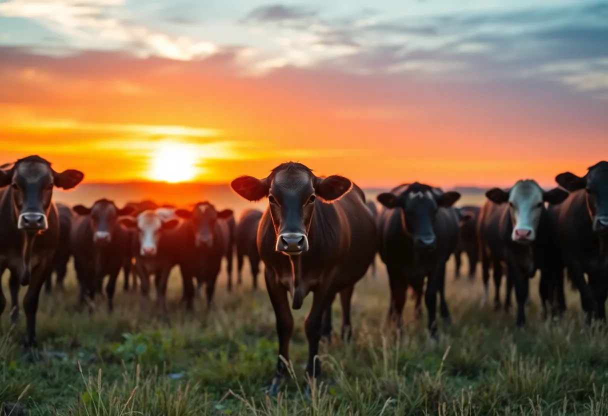 Cattle in a Texas ranch during sunset