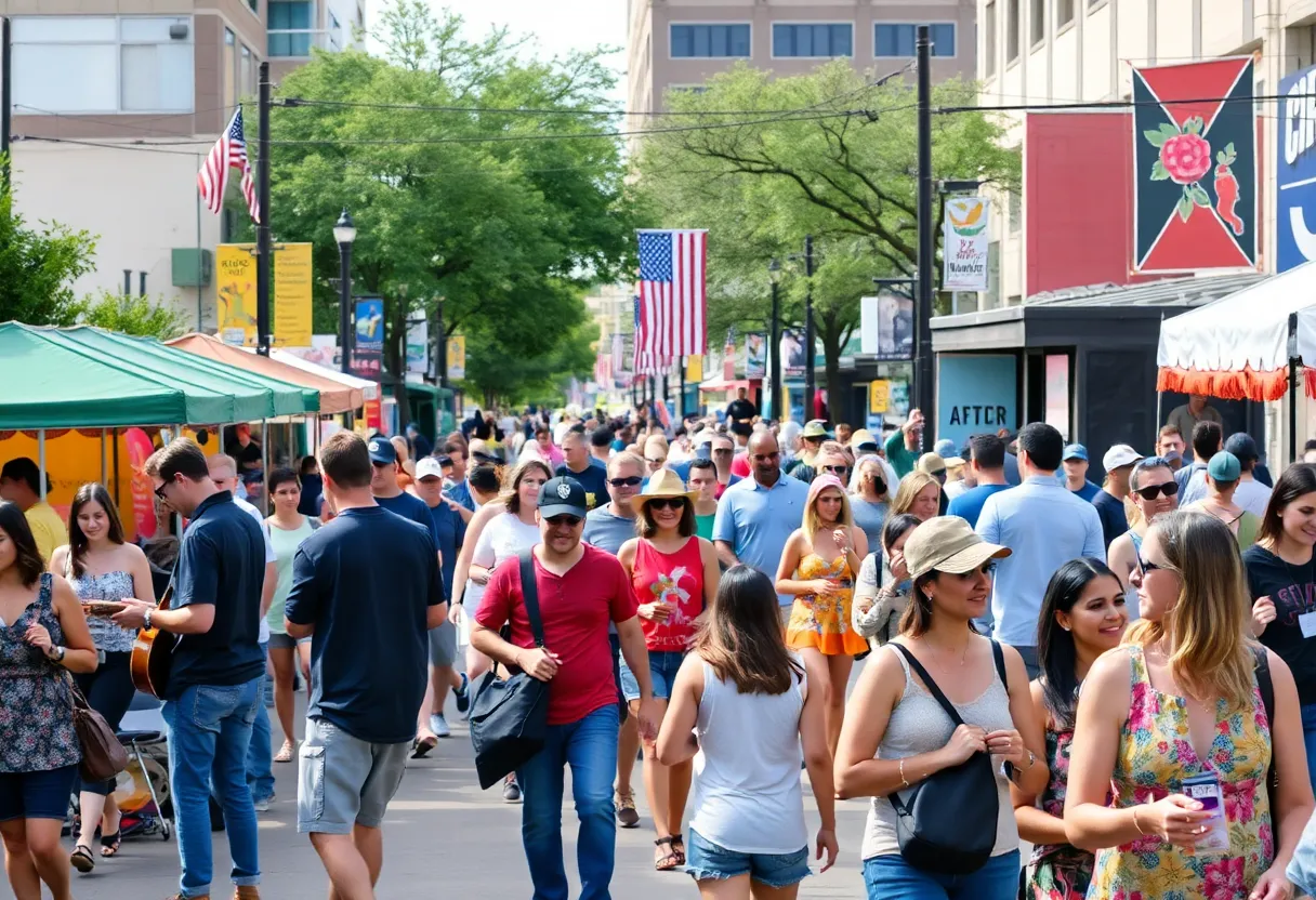 Community event in Central Austin, Texas, filled with people and activities.