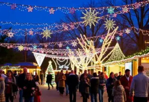 Families enjoying holiday events in Central Texas with bright decorations and lights.