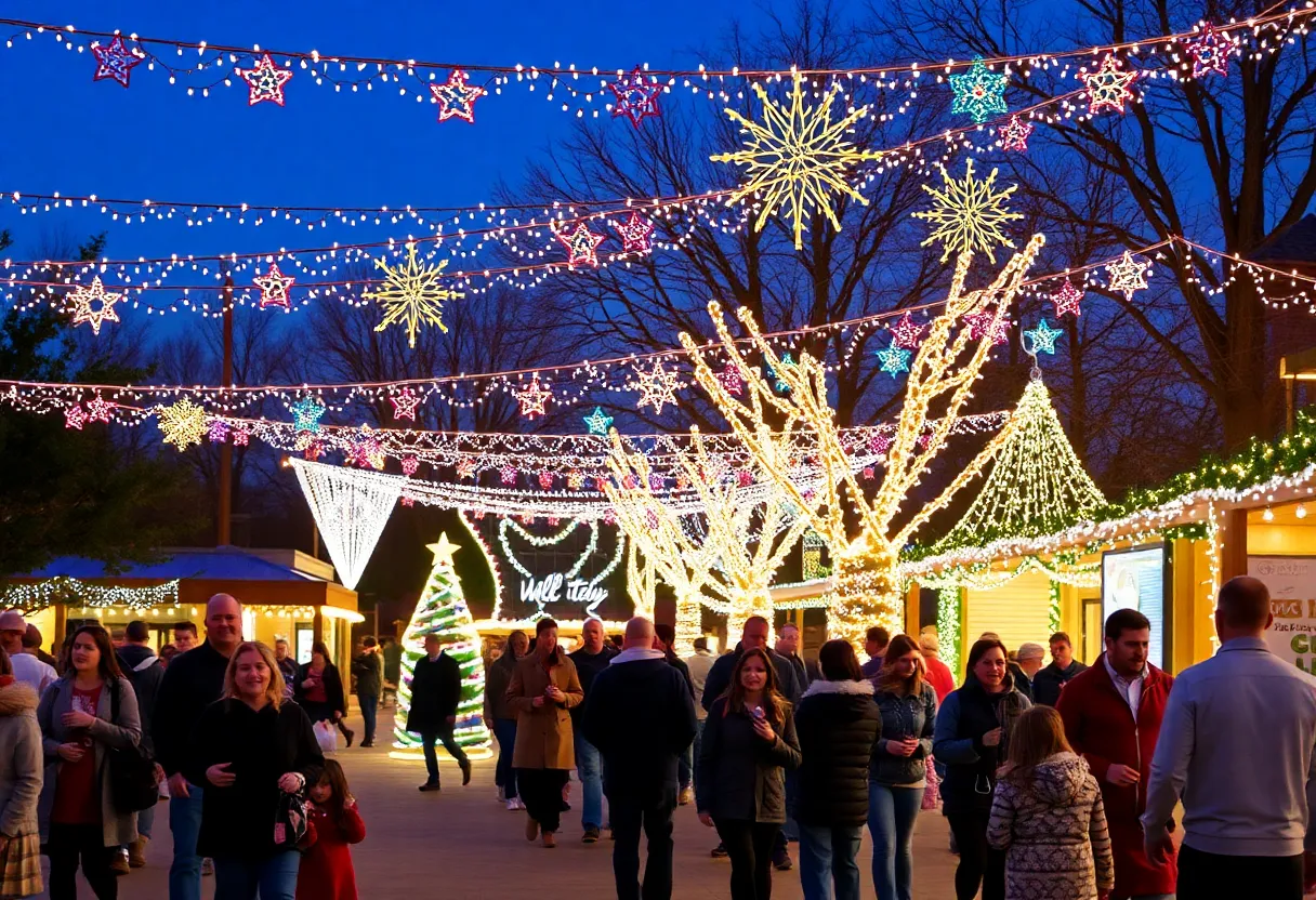 Families enjoying holiday events in Central Texas with bright decorations and lights.