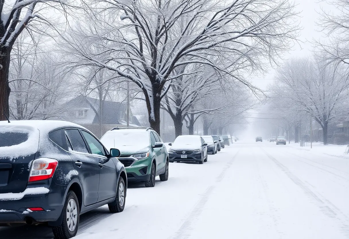 A winter scene of a snow-covered street in Central Texas