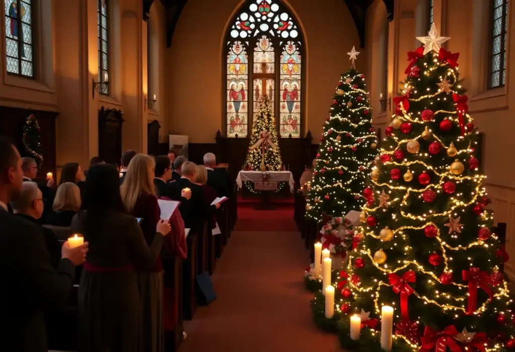 Candlelight Christmas Eve service with a decorated tree