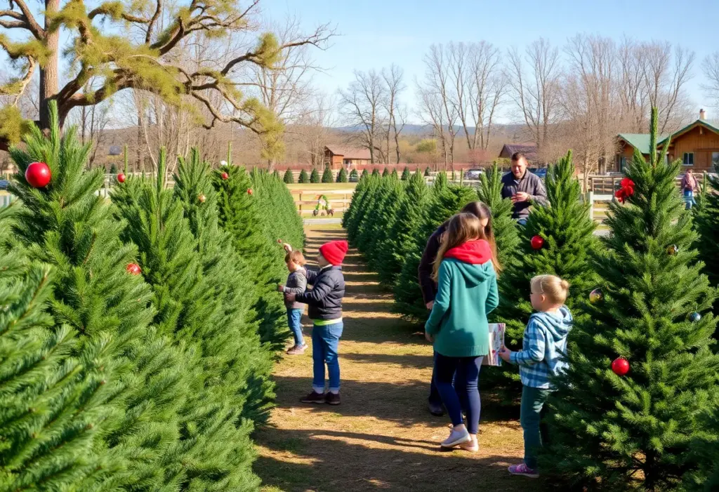 Families choosing Christmas trees at a farm in Austin, Texas.