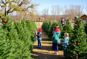 Families choosing Christmas trees at a farm in Austin, Texas.