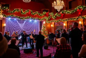 Performers at the Christmas Cabaret in a festive theater setting.