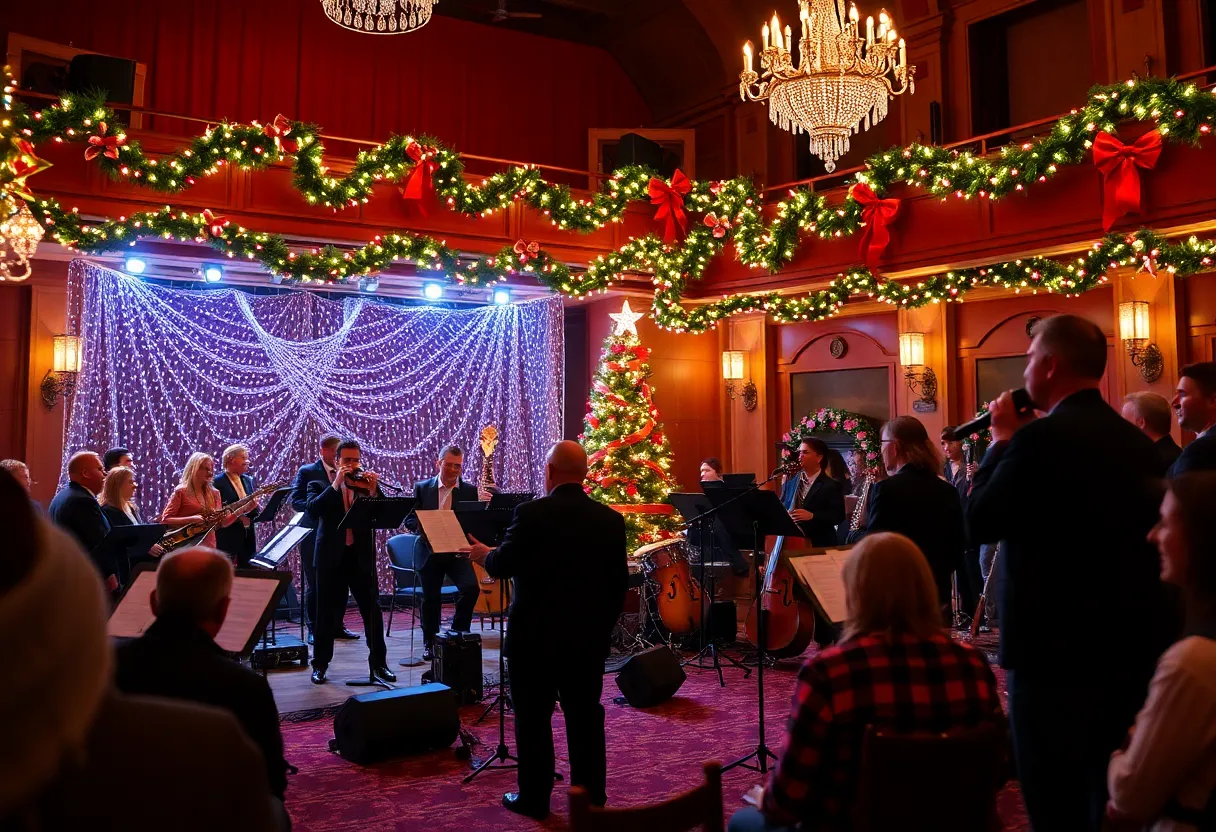 Performers at the Christmas Cabaret in a festive theater setting.