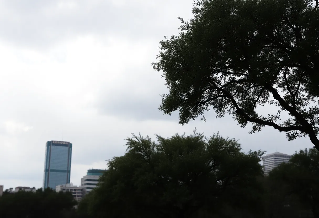 Cloudy skies over Austin, Texas with trees and buildings