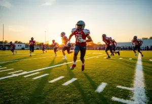Dynamic college football scene depicting competition among players.