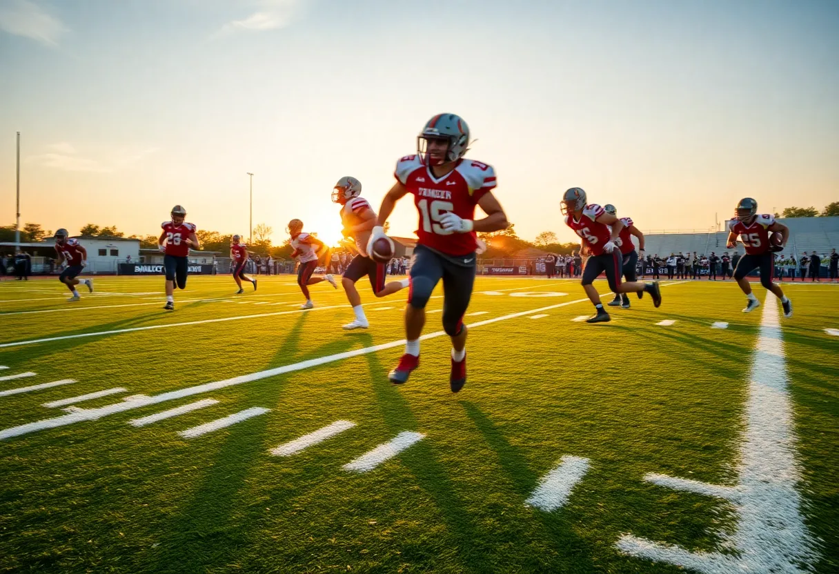 Dynamic college football scene depicting competition among players.