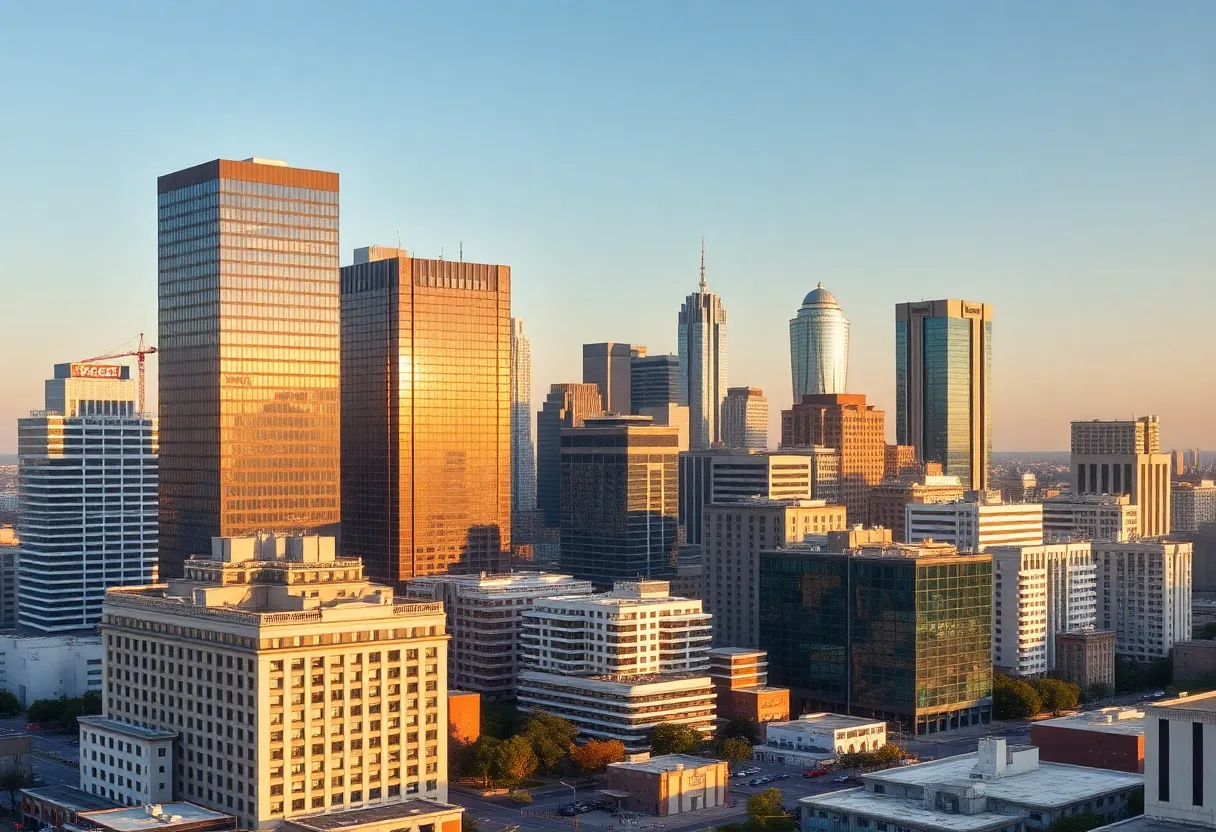 City skyline with commercial buildings showcasing redevelopment