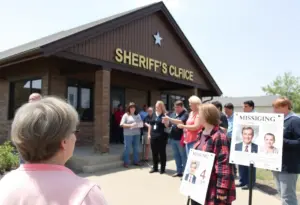 Residents gather outside the sheriff's office to support the search for a missing teen with flyers in hand.