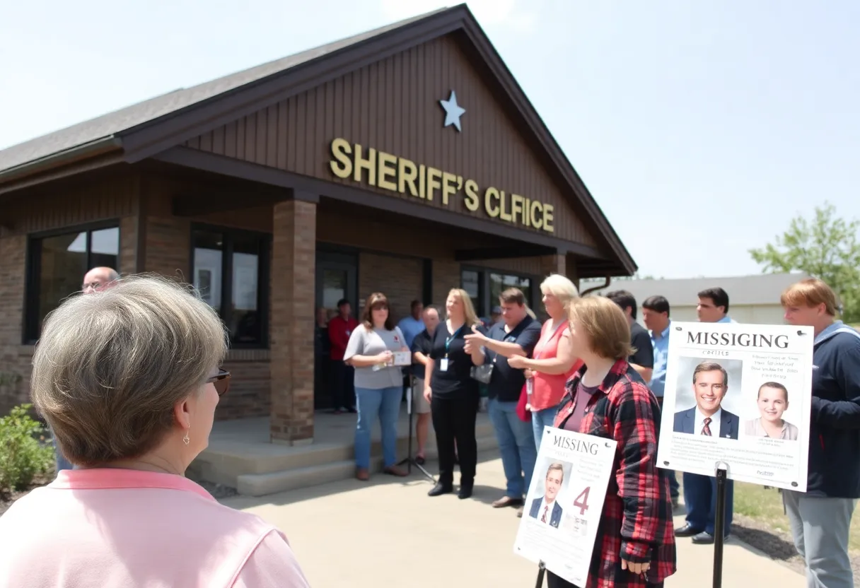 Residents gather outside the sheriff's office to support the search for a missing teen with flyers in hand.