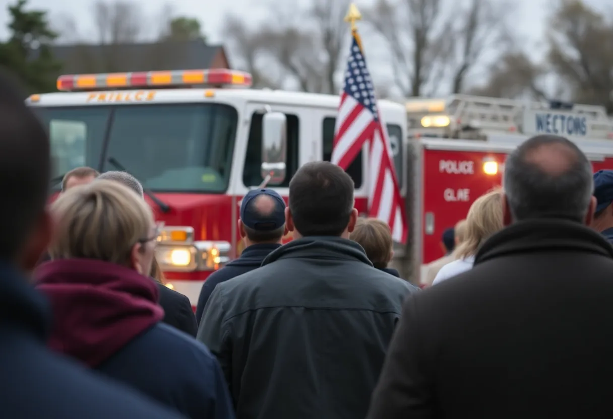 A fire truck with an American flag symbolizing loss and community support.