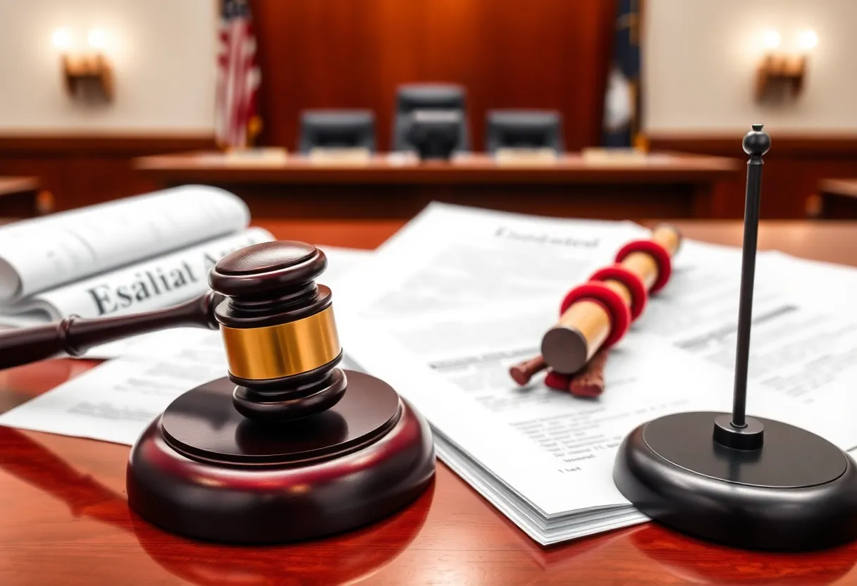 A courtroom scene representing a legal battle over organization designations.