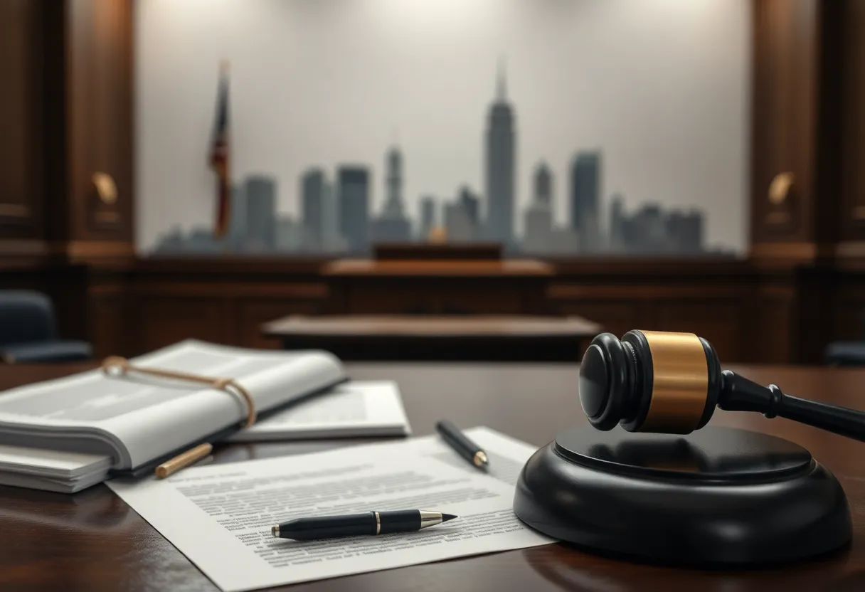 Courtroom interior showing legal materials and a gavel