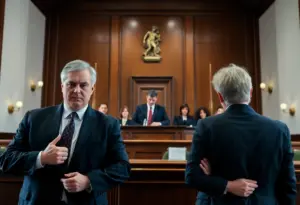 Courtroom scene showcasing legal professionals during a trial