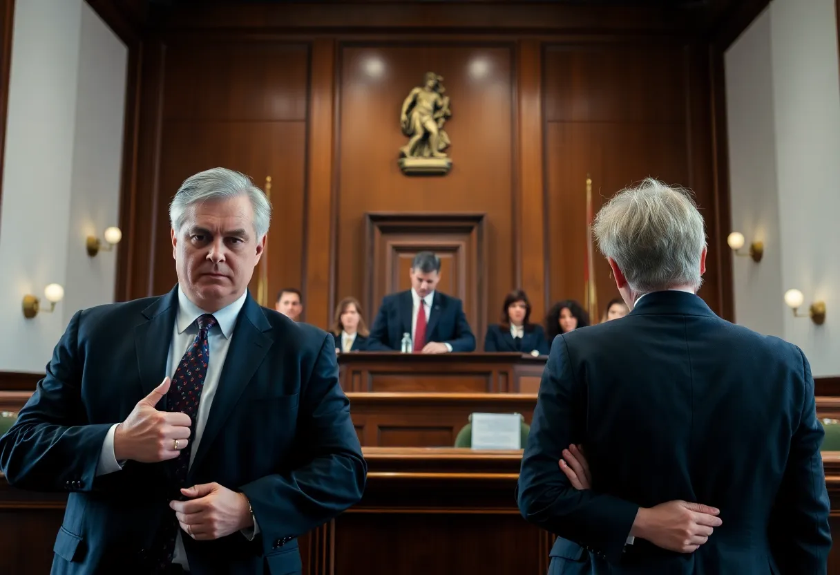 Courtroom scene showcasing legal professionals during a trial