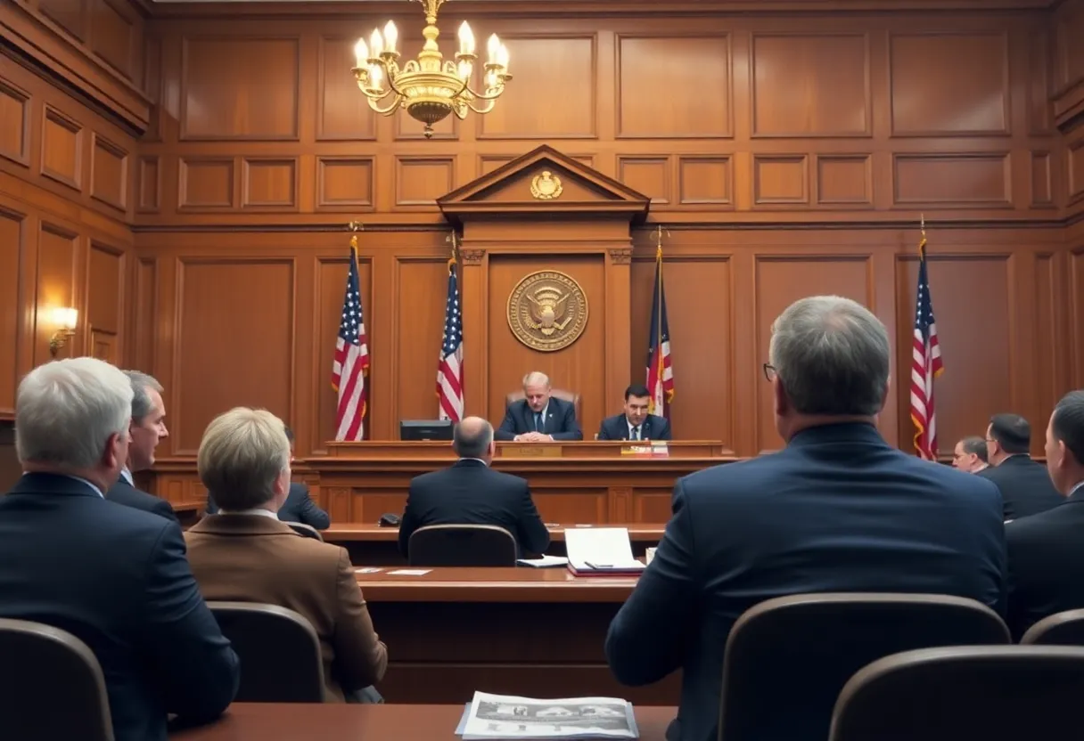 Courtroom with legal figures discussing immigration enforcement